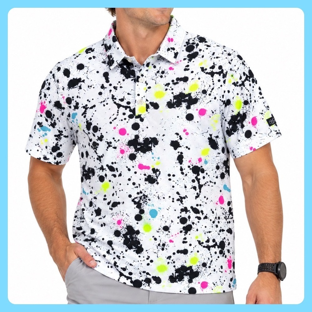 Sunday Swagger Polo Shirt Men Large White Neon Splatter Performance Stretch Golf
